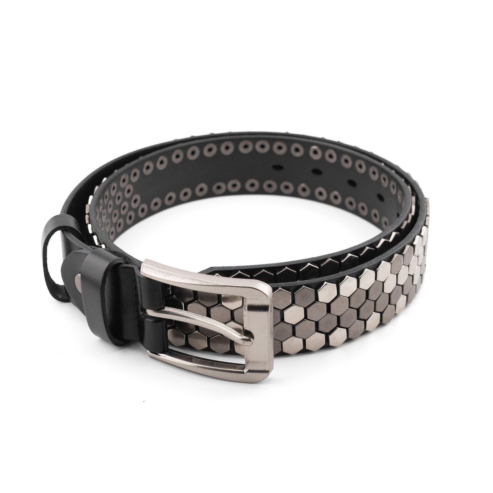 Hexagon Studded Black Leather Belt